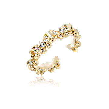elegantes anéis ajustáveis ​​de diamante em forma de borboleta, anéis abertos de ouro zircão com configuração de pavimentação de cobre